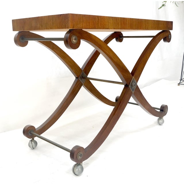 Brown Lift Top Two Tone Elegant X Shape Base Serving Cart Table on Wheels For Sale - Image 8 of 10