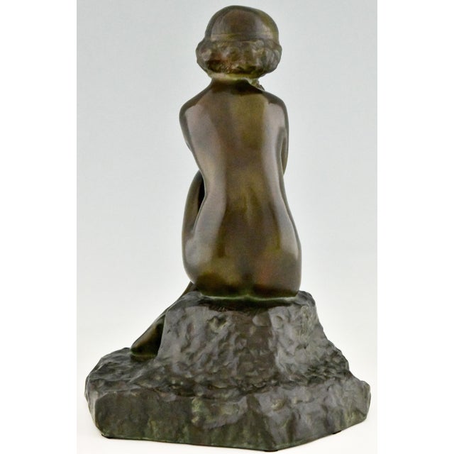 Green Maxime Real Del Sarte, Art Deco Sculpture, Seated Nude with Flowers, France, 1920s, Bronze For Sale - Image 8 of 12