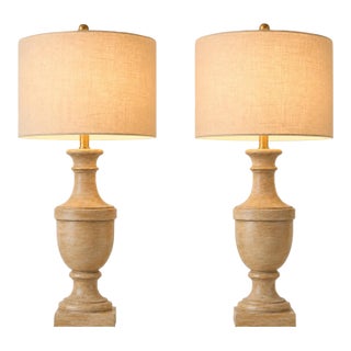 Late 20th Century Belgian French Provincial Turned Urn Table Lamps With Linen Drum Shades - a Pair For Sale
