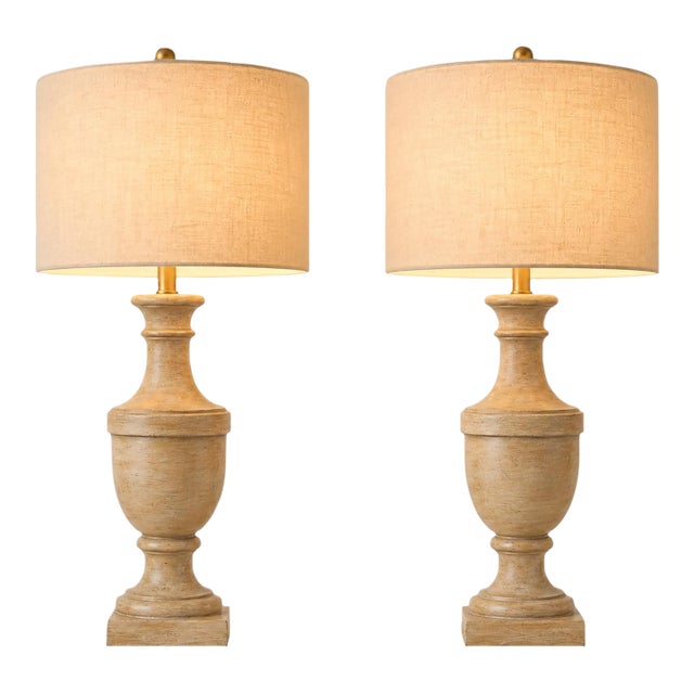 Late 20th Century Belgian French Provincial Turned Urn Table Lamps With Linen Drum Shades - a Pair For Sale