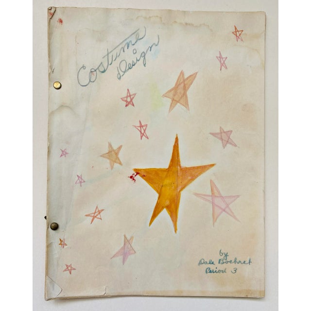 1950s MCM metal clip bound portfolio of 8 fashion designs in watercolor. Titled "Costume Design" on the cover and "by Dale...