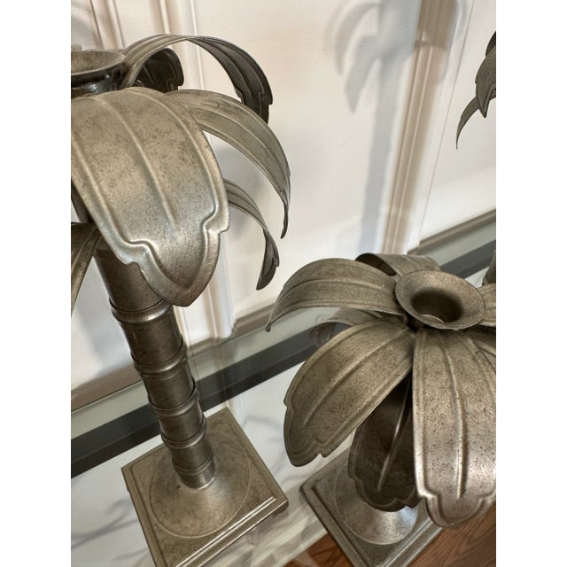 Vintage Coastal Regency Style Palm Tree Galvanized Aluminum Candlesticks, Set of 3 For Sale - Image 4 of 7