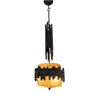 Brutalist Metal and Textured Amber Glass Pendant Lamp, Germany, 1970s For Sale