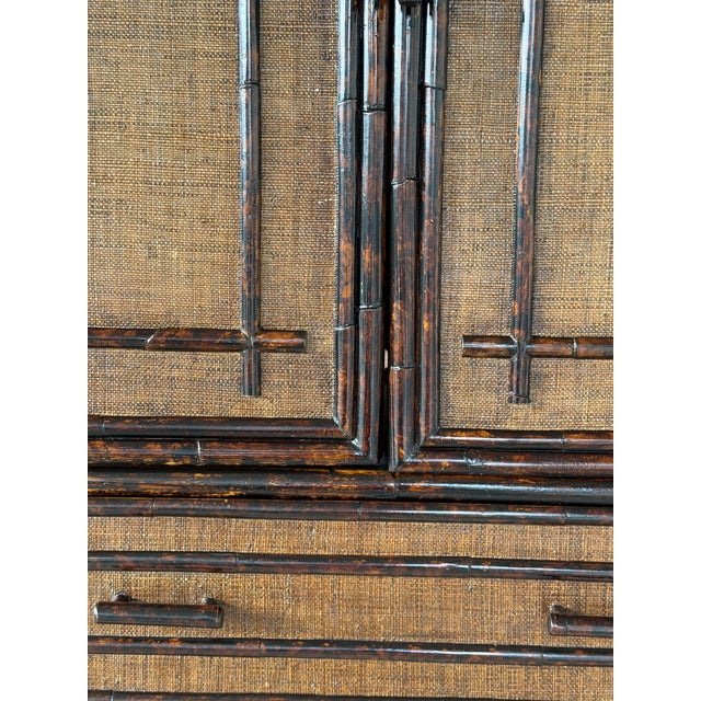 Vintage British Colonial Faux Bamboo and Grasscloth Armoire Cabinet With Drawers For Sale - Image 9 of 12
