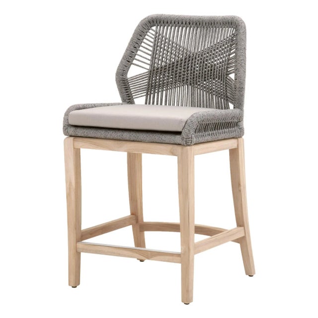 Contemporary Loom Outdoor Counter Stool, Smoke Grey Teak with Platinum Rope For Sale - Image 3 of 10