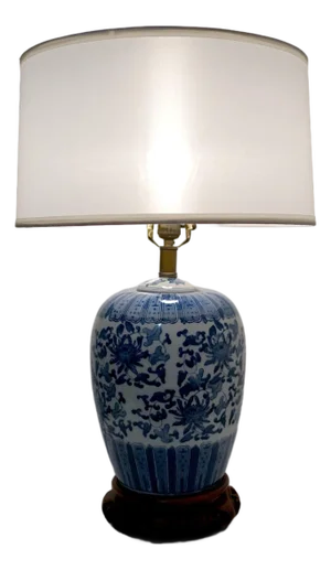 Blue and White Vintage Porcelain Ginger Jar Lamp with Rosewood Base