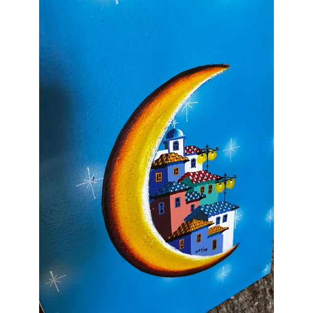 1970s Surrealism Houses on the Moon Painting on Canvas For Sale - Image 4 of 6