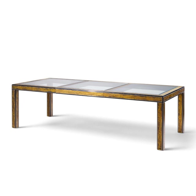 Mid-Century Modern Bernhard Rohne for Mastercraft Mid Century Lacquered Etched Brass Panel Expanding Dining Table With 1 Leaf For Sale - Image 3 of 10