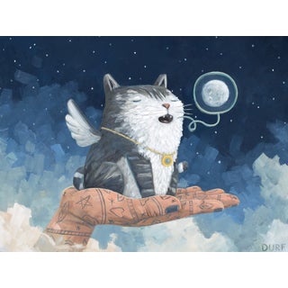 Moon Cat by Nathan Durfee | Oil on panel Cat with wings sitting on a hand under the moon. For Sale