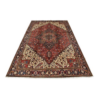 Heriz Rug 9'7'' X 13'3'' Red Wool Vintage Tribal Hand-Knotted Oriental Carpet For Sale
