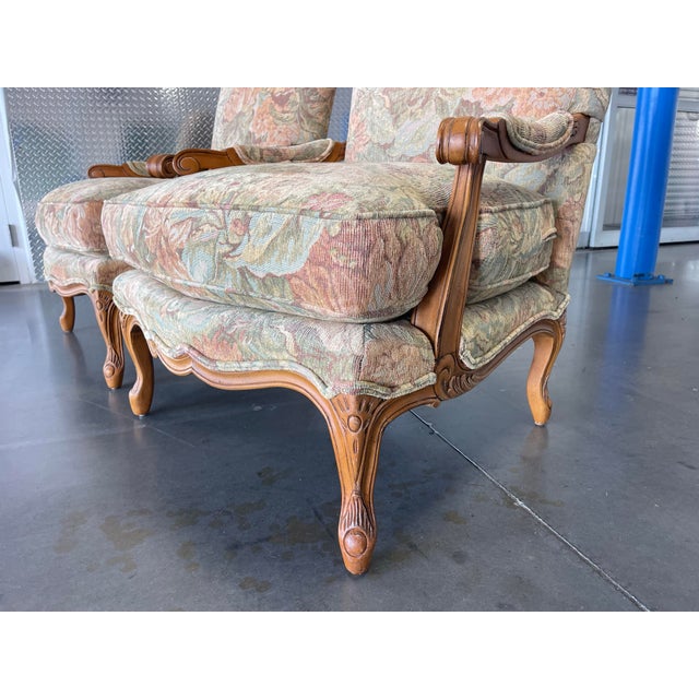 Wood Vintage Century Furniture Bergère Armchairs in Floral Upholstery, a Pair For Sale - Image 7 of 12