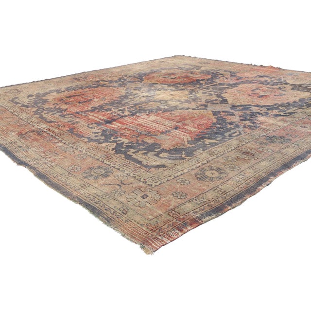 78744 Distressed Antique Turkish Oushak Rug, 09'05 x 09'11. This Late 19th Century distressed antique Turkish Oushak rug...