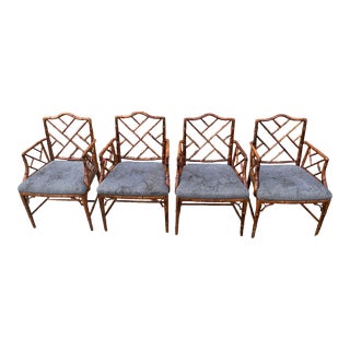 1960s Vintage Mid Century/ Hollywood Regency Chinese Chippendale Bamboo Chairs - Set of 4 For Sale