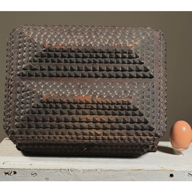 Brown Antique Heavy Double 5 Layer Pyramid Lid Tramp Art Box/Folk Art For Sale - Image 8 of 12