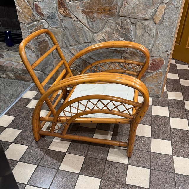 Mid-Century Modern Mid Century Paul Frankl Style Bent Rattan Bamboo Three Strand Pretzel Lounge Cross Hatch Pattern For Sale - Image 3 of 8