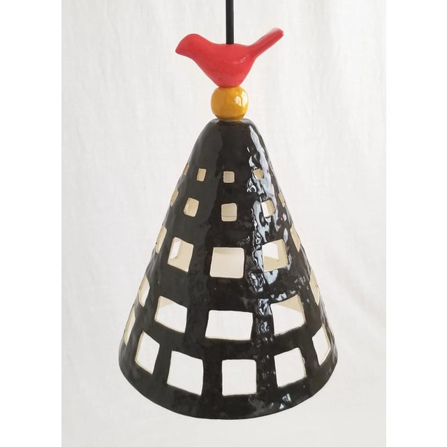 Ceramic Contemporary Handmade Ceramic Black Cage, Pendant Light in Red and Yellow Bead Detailing For Sale - Image 7 of 7