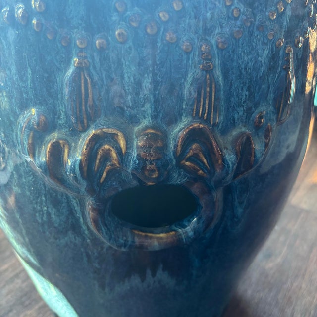 Ceramic Vintage Chinese Cobalt Blue Glazed Porcelain Drum Form Garden Plant Stands - Set of 2 For Sale - Image 7 of 12