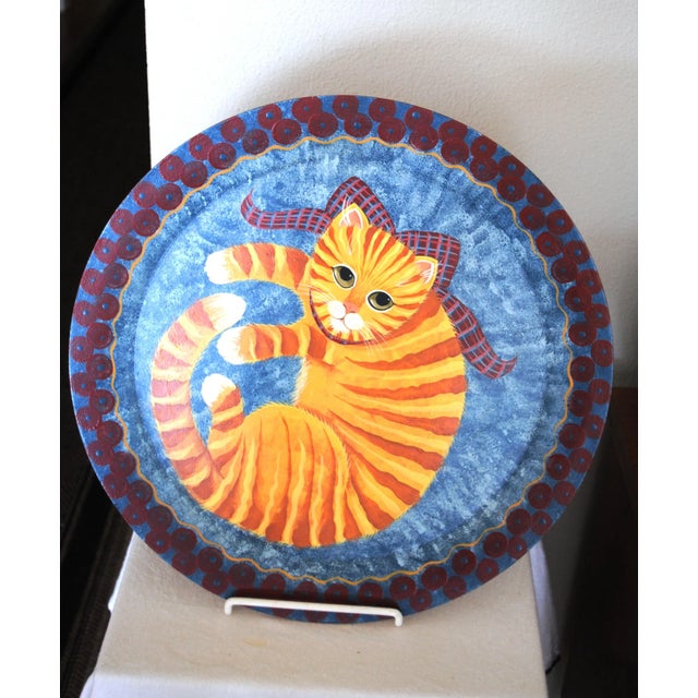 Nancy Albro Folk Art Americana Orange Cat Painted Wood Tray For Sale - Image 4 of 5