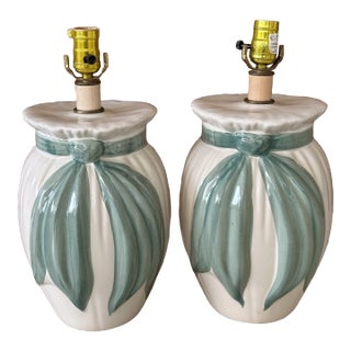 1980’s Post Modern Coastal Regency Teal Draped Ribbon Lamps-Pair For Sale