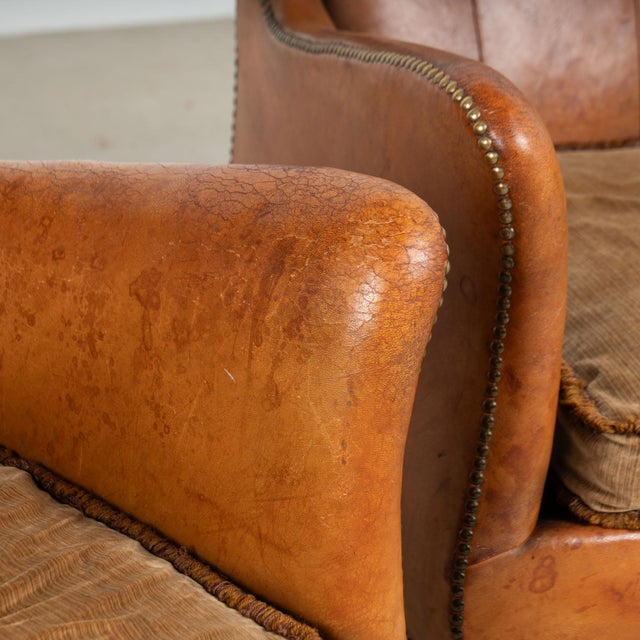 Pair, 20th Century Vintage Danish Brown Leather Club Chairs With Decorative Nail Head Trim For Sale - Image 9 of 13