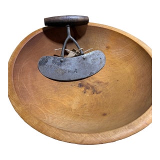 Antique American Walnut Lathe-Turned Herb Chopping Bowl With Hand-Forged Mezzaluna For Sale