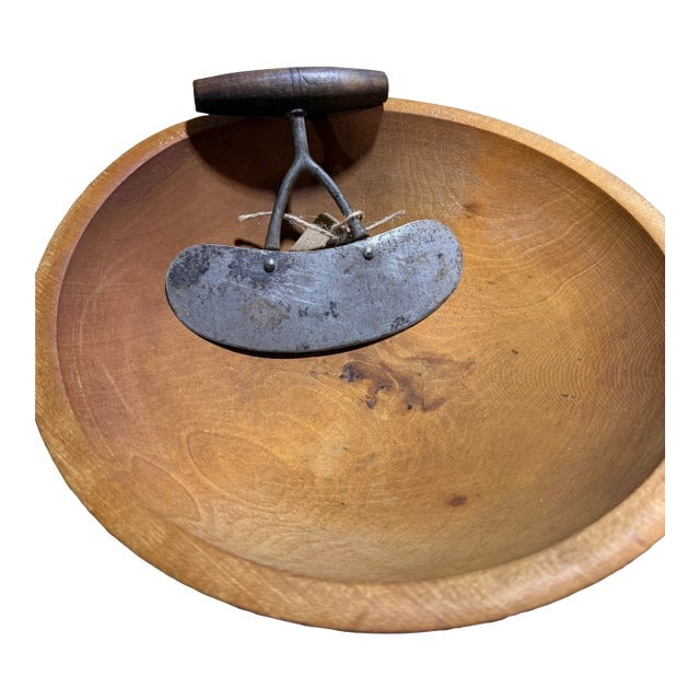 Antique American Walnut Lathe-Turned Herb Chopping Bowl With Hand-Forged Mezzaluna For Sale