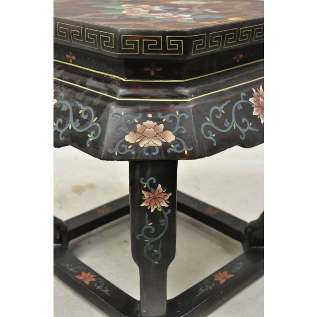 Vintage Chinese Pedestal Plant Stand Black Lacquer Bird Flower Painted