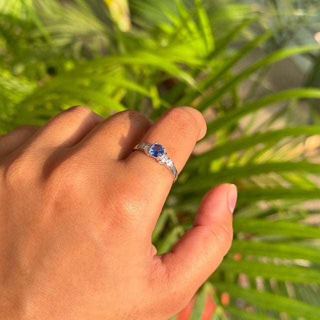 Art Deco-Inspired Round Blue Sapphire & Baguette Diamond Ring Size 5 in 14k White Gold For Sale - Image 12 of 17