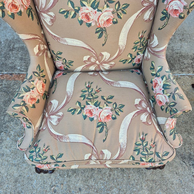 Hickory Chair Furniture Company Late 20th Century Hickory Chair Cocoa Brown Rose and Ribbon Pattern Wing Back Arm Chair For Sale - Image 4 of 13