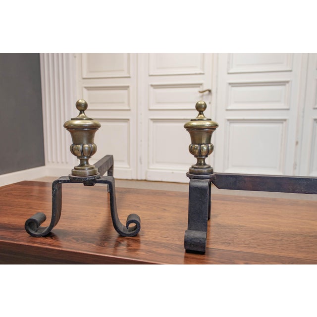 Wrought Iron Andirons with Brass Urns, France, 1920s, Set of 2 For Sale - Image 4 of 7