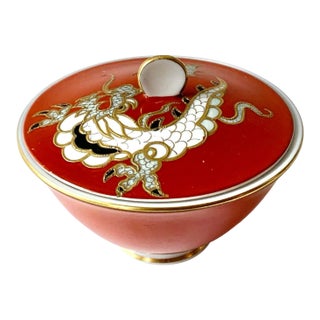 Red Covered Porcelain Candy Dish With Handpainted Dragon Decoration by Wallenberg Germany For Sale