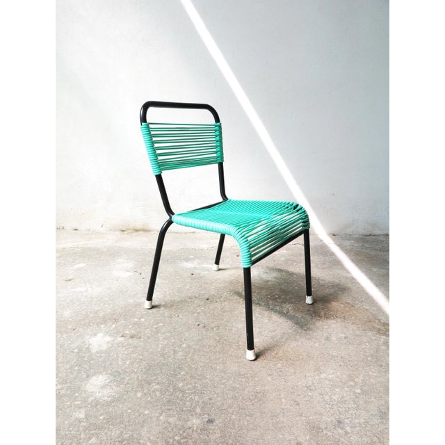 Vintage Aquamarine Green PVC Laces and Black Tubular Metal Childrens Chair, 1970s For Sale - Image 6 of 6