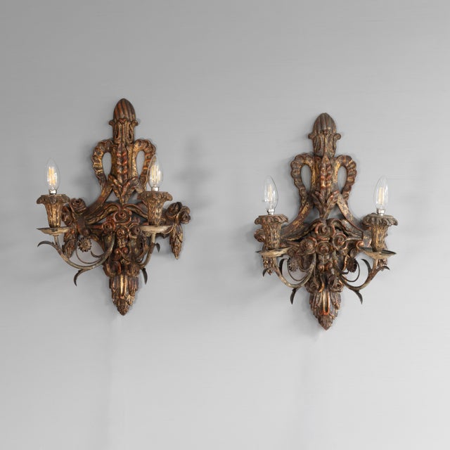 Pair of decorative wooden two branch wall lights in original paint / gilded finish. Circa 1950. Up to 250V (Europe/UK...