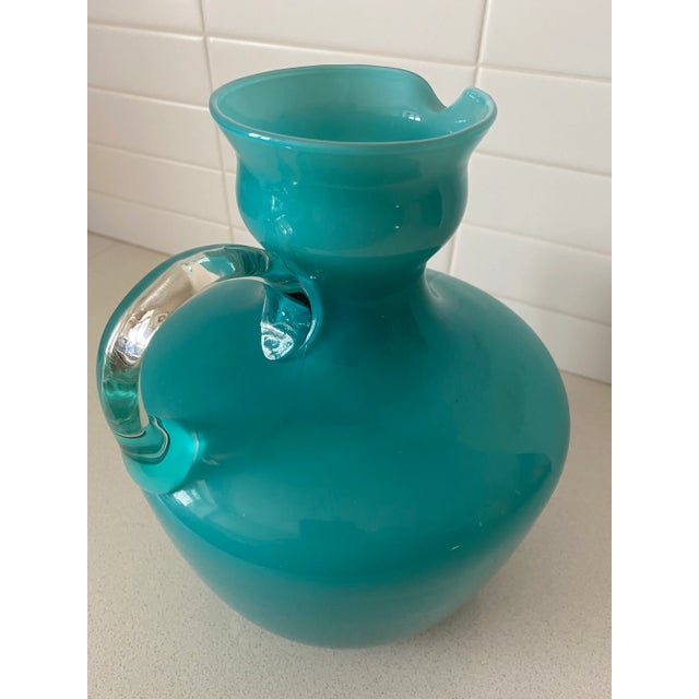 Mid-Century Modern Mid-Century Italian Murano Cased Turquoise Glass Decorative Pitcher For Sale - Image 3 of 6