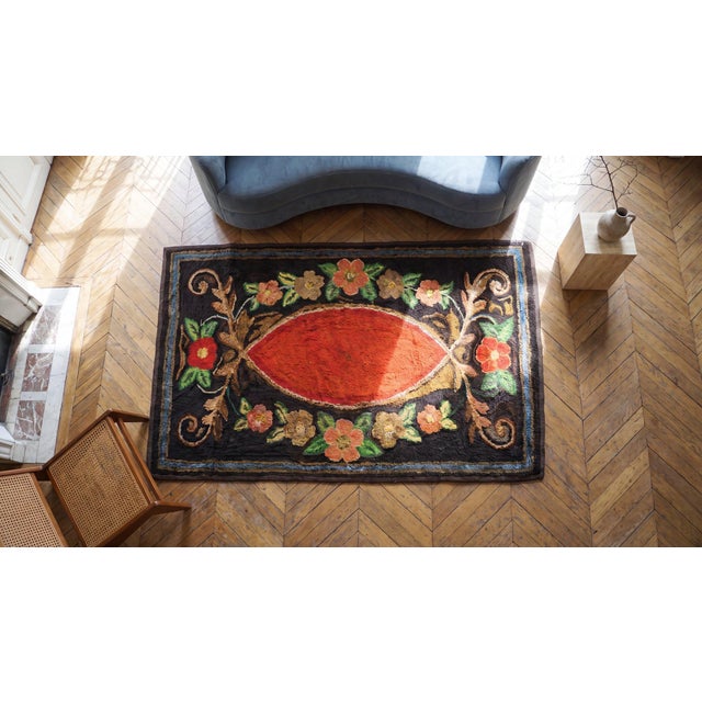 Textile 1900s Brown Floral Folk Art Antique American Hooked Rug 2'2" X 4' Handknotted Wool Carpet For Sale - Image 7 of 8
