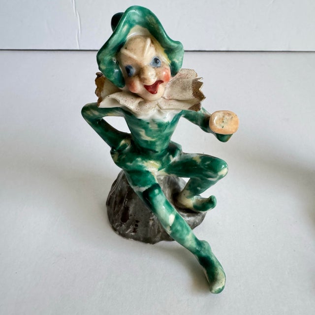 1940s Vintage Pixie Elf Occupied Japan Green Figurines Fairy Jester a Pair For Sale - Image 5 of 10