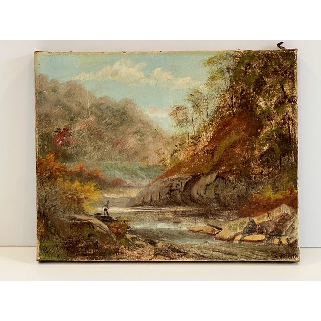 Charming small original oil on canvas painting featuring a pastoral river scene with a staffage figure of a fly fisherman...