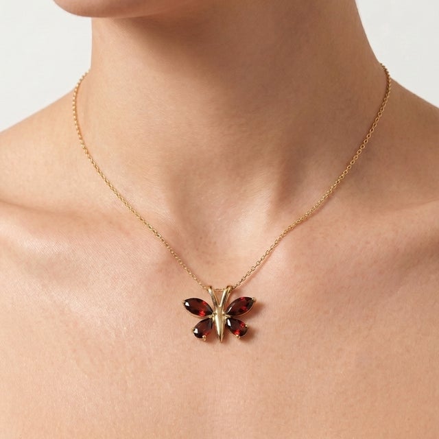 Contemporary Garnet Butterfly Pendant in 18k Gold Plated Over Sterling Silver, Dainty Birthstone Gift for Her For Sale - Image 3 of 5