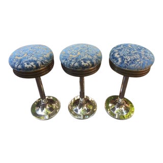 Set of 3 Custom Polished Nickel Steel Counter Stools Upholstered in Blue Velvet Damask For Sale