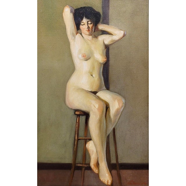 American Niels Peter Nielsen- Nude Female at a Bar Stool-1930s Oil Painting For Sale - Image 3 of 9