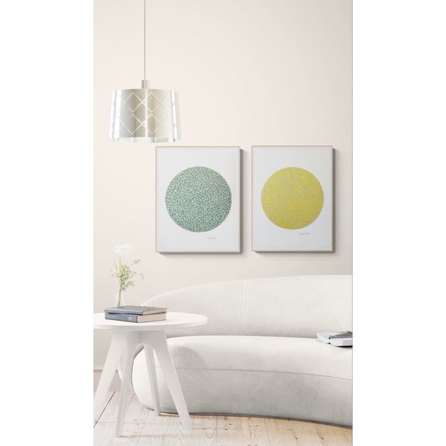 Continuous free-flowing swirls fill a perfect circle in this original, one-of-a-kind painting by Sarah Vaaler. The light...