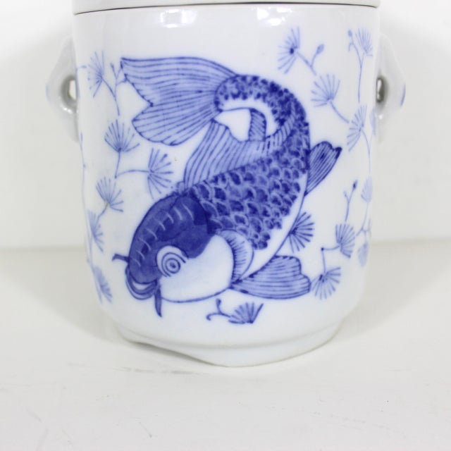 Late 20th Century Small Vintage Chinoiserie Asian Koi Fish Canister Lidded Jar or Pot, Ceramic With Lid Blue and White For Sale - Image 5 of 10