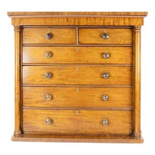 Antique 19th Century Empire Figured Mahogany Six-Drawer Chest With Columnar Supports Circa 1830–1850 For Sale