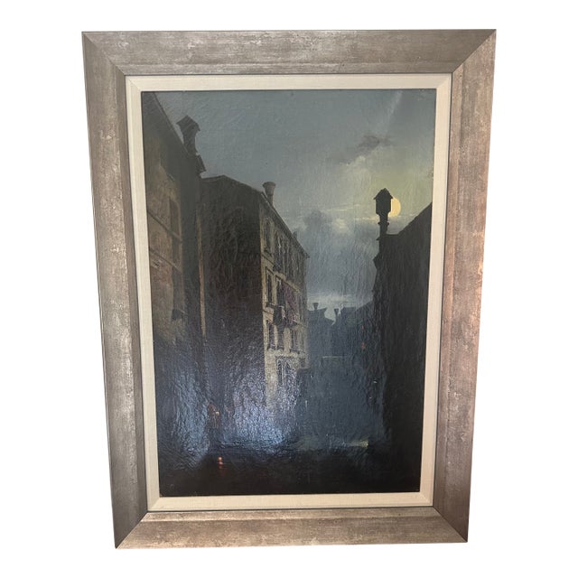 19th Century European Style Venetian Canal at Night Painting Attributed to Anatole Dauvergne (French, 1812 - 1870)− Framed For Sale