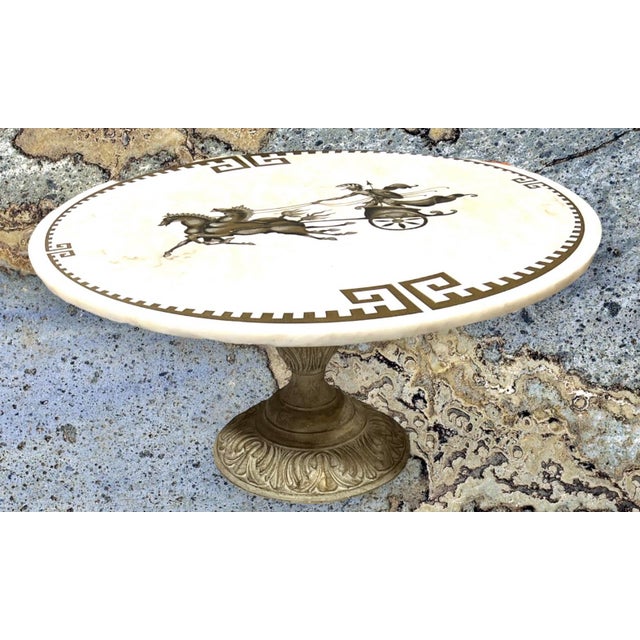 Mid-Century Modern Italian Greek Key Chariot Marble MCM Coffee Table -Hollywood Regency Style -Rare For Sale - Image 3 of 6