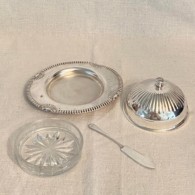 English silver plated covered butter dish with glass insert and knife. Butter in England was often shaped into small disks...