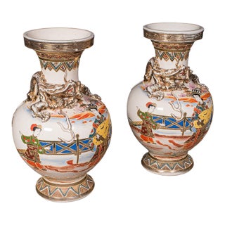 Pair of Antique Satsuma Vases, Japanese, Ceramic Baluster, Meiji, Late Victorian For Sale