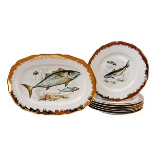 Vintage German Porcelain Fish Service Set – 6 Dinner Plates & Large Platter by Hutschenreuther Hohenberg For Sale