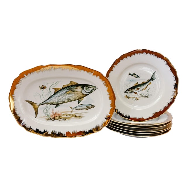 Vintage German Porcelain Fish Service Set – 6 Dinner Plates & Large Platter by Hutschenreuther Hohenberg For Sale