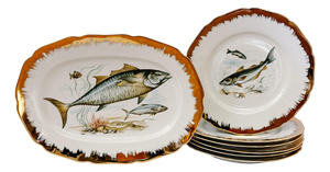 Vintage German Porcelain Fish Service Set – 6 Dinner Plates & Large Platter by Hutschenreuther Hohenberg